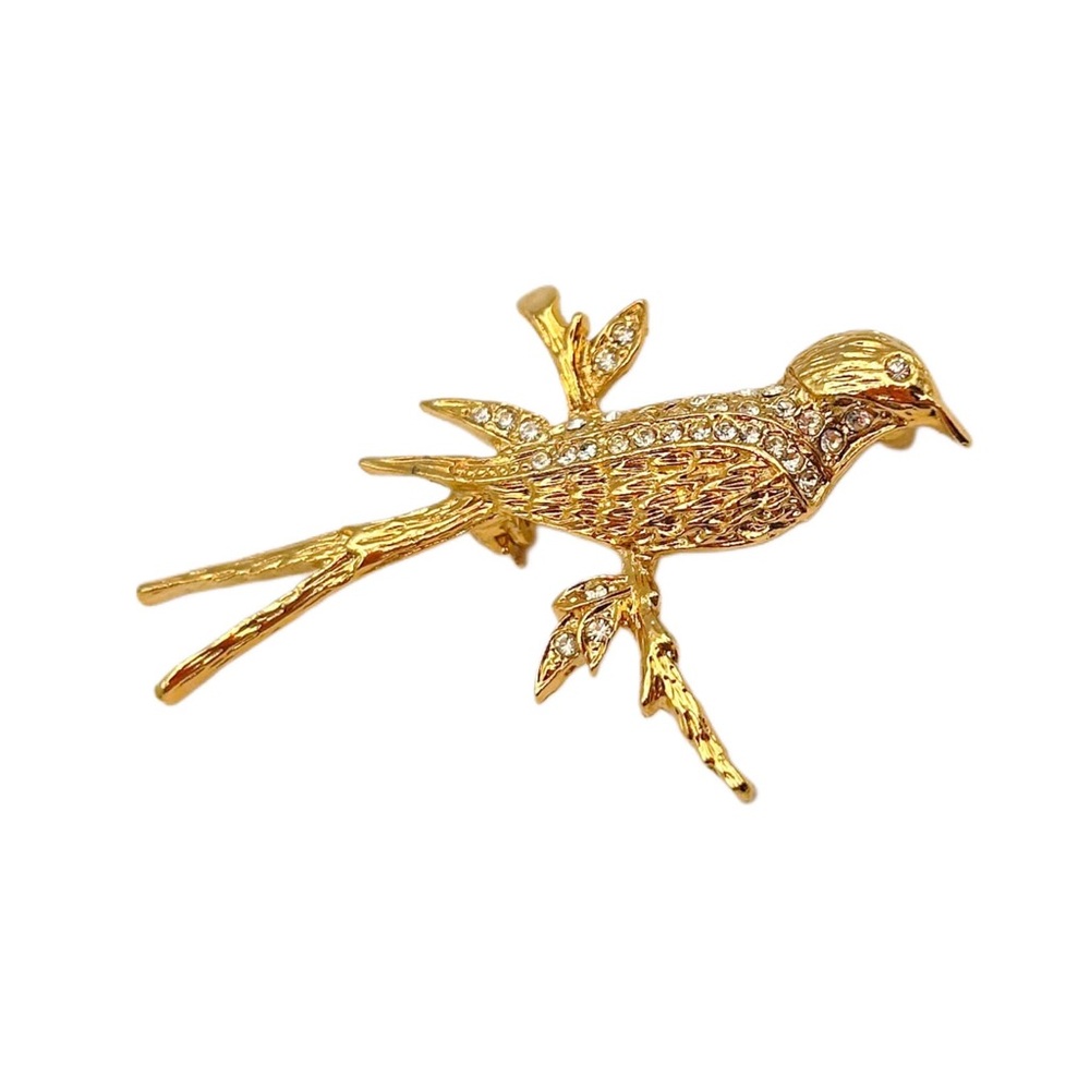 Vintage Estate Gold Tone Bird Brooch with Rhinestone Crystal Eyes